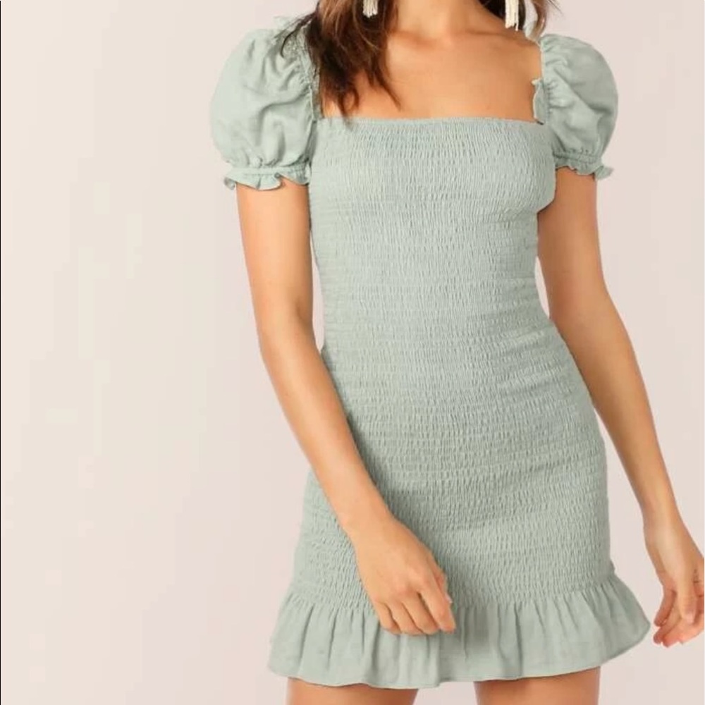 Sage Puff Sleeve Ruffle Hem Shirred Slim Fitted Dress